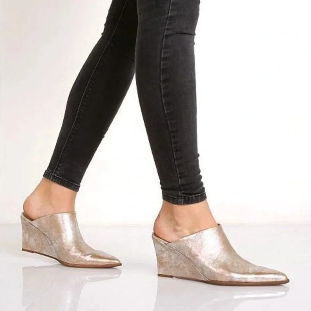 Free People FP Gold Metallic Wedge Galactica Mule Size 37 (US 6.5)
